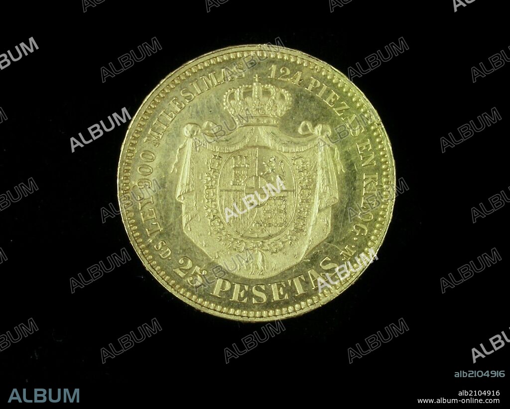 NUMISMATICA. MONEDA MODERNA. VENTICINCO PESETAS DE ORO, DE AMADEO I. REVERSO. ESCUDO.1871. (DEPOSITO: MUSEO ARQUEOLOGICO NACIONAL).