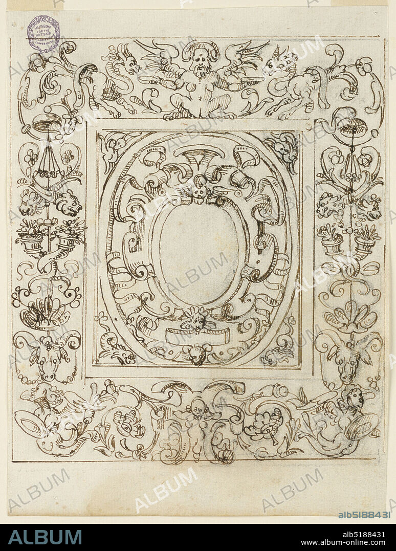 Grotesque Design, Charcoal, pen and ink on paper, Grotesque frame with candelabrum composed of ox heads, cornucopia and lion masks. At top, griffins and a winged creature. At center, strapwork frames a blank oval., Italy, early 17th century, ornament, Drawing, Drawing.