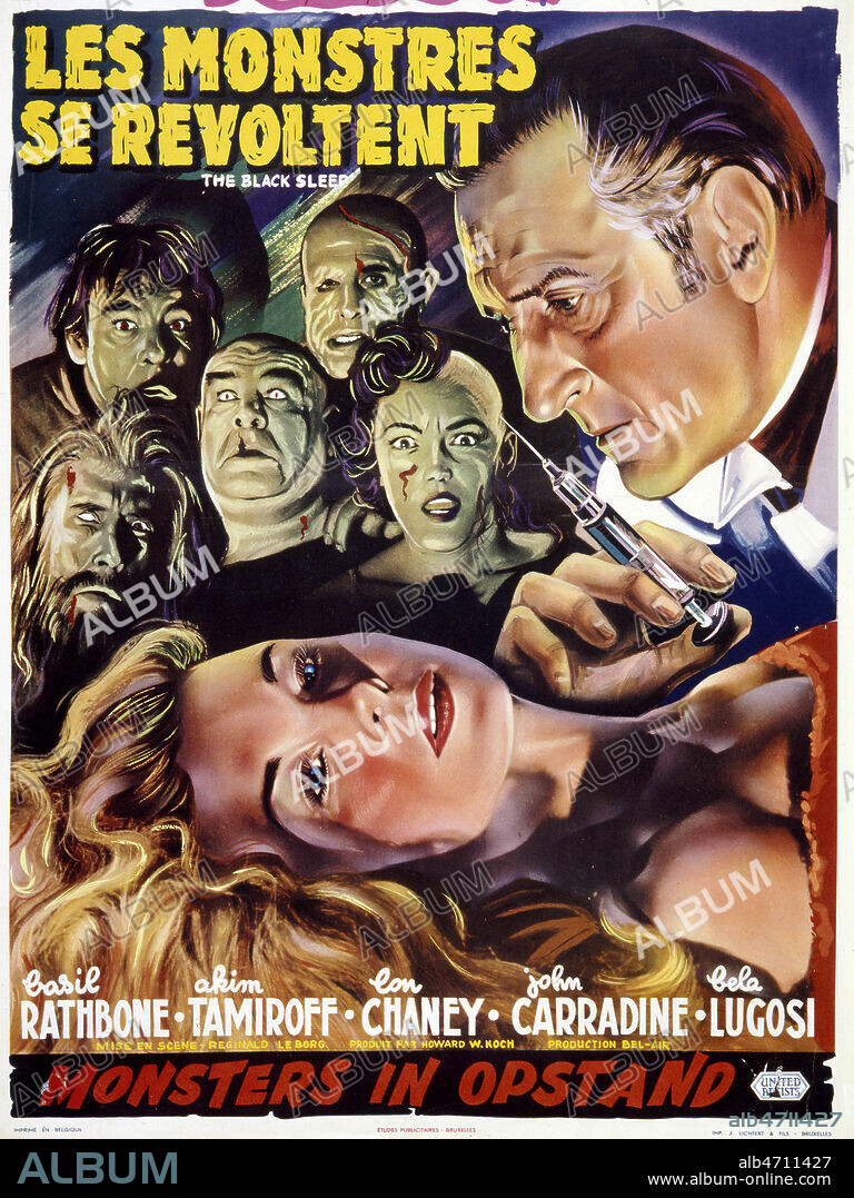 Affiche belge du film 'Les monstres se revoltent' realise par Reginald Le BORG, avec Basil RATHBONE (1892-1967), Akim TAMIROFF (1899-1972), Lon CHANEY (1906-1973) et John CARRADINE (1906-1988). Credit : Collection KHARBINE-TAPABOR.