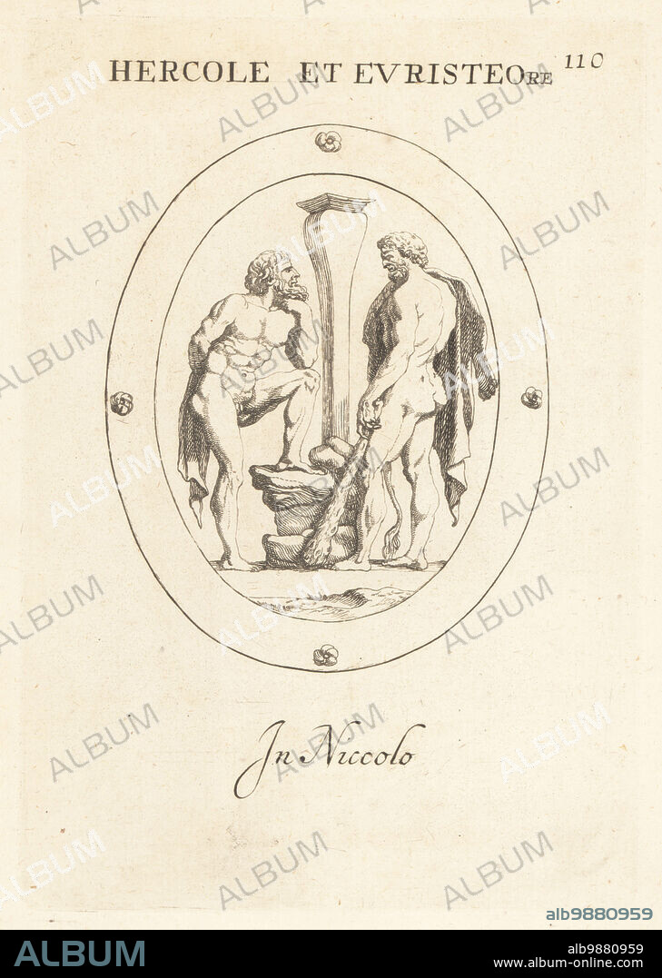 Heracles, with Nemean lionskin and club, with Eurystheus, son of King Sthenelus and Nicippe, standing with one leg on a rock. In nicolo. Hercole et Euristeore. In niccolo. Copperplate engraving by Giovanni Battista Galestruzzi after Leonardo Agostini from Gemmae et Sculpturae Antiquae Depicti ab Leonardo Augustino Senesi, Abraham Blooteling, Amsterdam, 1685.