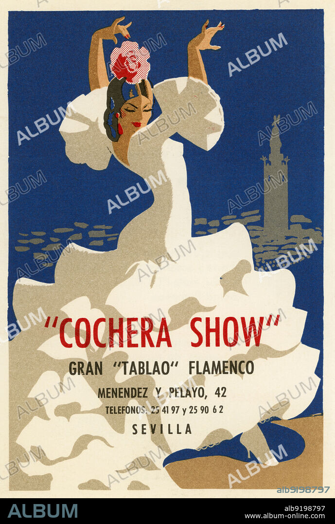 España. Cartel del tablao flamenco "Cochera show", de Sevilla. Años 1950.