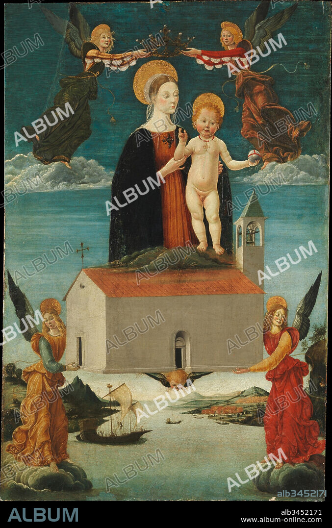 The Translation of the Holy House of Loreto, ca. 1510, Tempera and gold on wood, 33 1/4 x 21 5/8 in. (84.5 x 54.9 cm), Paintings, Attributed to Saturnino Gatti (Italian, L'Aquila 1463–1518 L'Aquila), According to legend, in 1291 the Virgin Mary's house was miraculously transported by angels from the Holy Land after the Muslim defeat of the Crusaders. The house settled first in Dalmatia and then, in 1294, came to rest at Loreto, on the Adriatic coast of Italy, and became a place of pilgrimage.