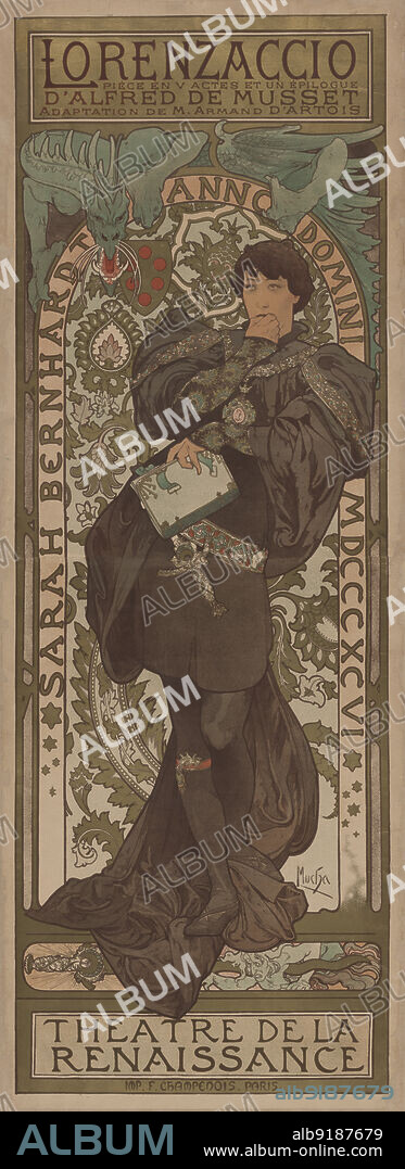 ALPHONSE MUCHA. Sarah Bernhardt in Lorenzaccio, Theatre de la Renaissance, c1896. [Publisher: Imp. F. Champenois; Place: Paris].