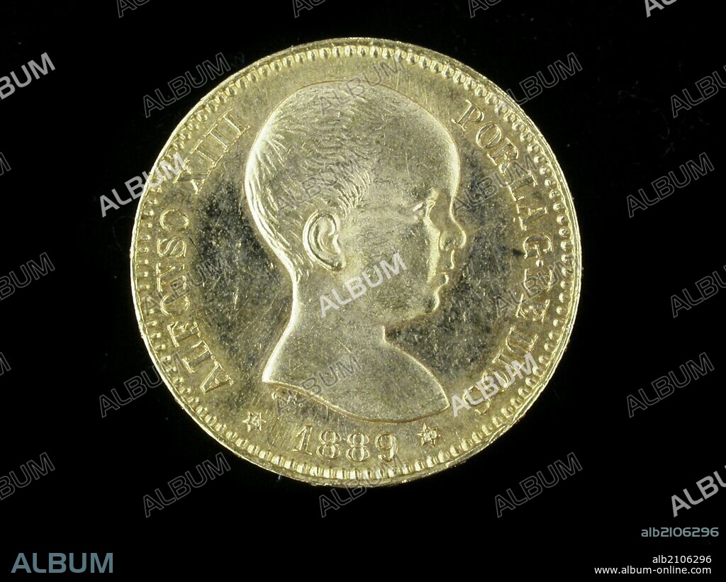 NUMISMATICA. MONEDA MODERNA. VEINTE PESETAS DE ORO, DE ALFONSO XIII. ANVERSO. CABEZA DESNUDA A LA DERECHA.1889. (DEPOSITO: MUSEO ARQUEOLOGICO NACIONAL).