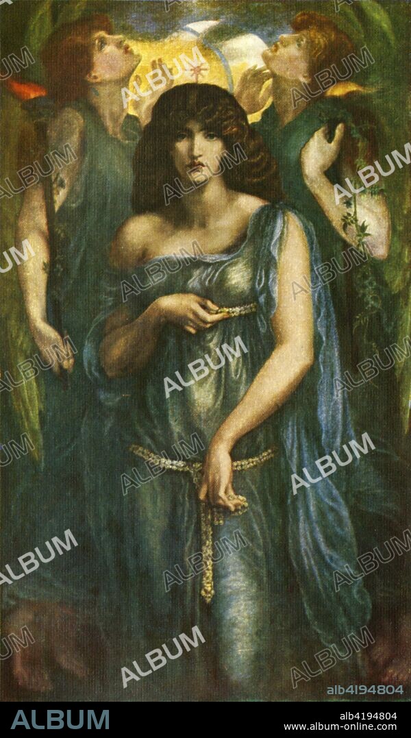 'Astarte Syriaca', 1877, (c1912). Painting in the Manchester Art Gallery. Depiction of the goddess Venus - the model was Jane Morris with whom Rossetti had a relationship. British poet, illustrator, painter and translator Dante Gabriel Rossetti (1828-1882) founded the Pre-Raphaelite Brotherhood in 1848 with William Holman Hunt and John Everett Millais. Rossetti drew extensively on medieval influences, and particularly the work of his namesake, the Italian writer and poet Dante Alighieri. He married his model Elizabeth Siddal who sat for ?Beata Beatrix?, painted a year after her death. He later became a founding partner in the decorative arts firm, Morris, Marshall, Faulkner & Co, developing a relationship with William Morris? wife Jane who became one of his ?muses?. Illustration from Rossetti - Masterpieces in Colour, by Lucien Pissarro. [TC & EC Jack, Frederick A Stokes Co,  London & New York, c1912].