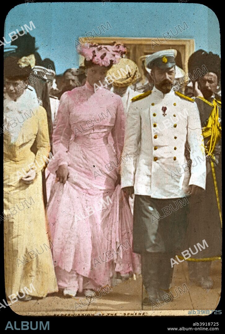 Tsar Nicholas II of Russia and Tsarina Alexandra, c1894-c1917. Nicholas II (1868-1918) became Tsar after his father Alexander III died on 1 November 1894. He married Princess Alix of Hesse (1872-1918) in November 1894. They and their children were murdered by the Bolsheviks in 1918 after being held prisoner after the Russian Revolution. Lantern slide.