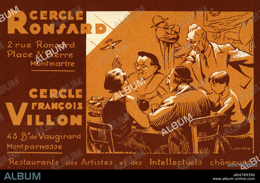 'Cercle Ronsard, cercle Francois Villon : restaurants des artistes et des intellectuels chomeurs'. Illustration anonyme pour une carte postale publicitaire vers 1930. Credit : Collection IM/KHARBINE-TAPABOR.