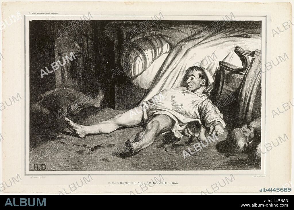HONORé-VICTORIN DAUMIER. Rue Transnonain, on April 15, 1834. Honoré Victorin Daumier; French, 1808-1879. Date: 1834. Dimensions: 286 × 442 mm (image); 363 × 550 mm (sheet). Lithograph in black on grayish-ivory China paper laid down on ivory wove paper. Origin: France.