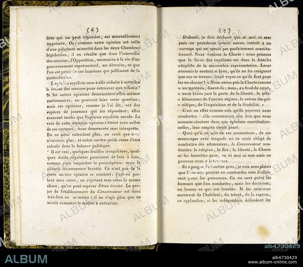 Article de CHATEAUBRIAND (1768-1848) sur la monarchie constitutionnelle pour Le Conservateur de 1818. Credit : Jean Vigne/KHARBINE-TAPABOR.