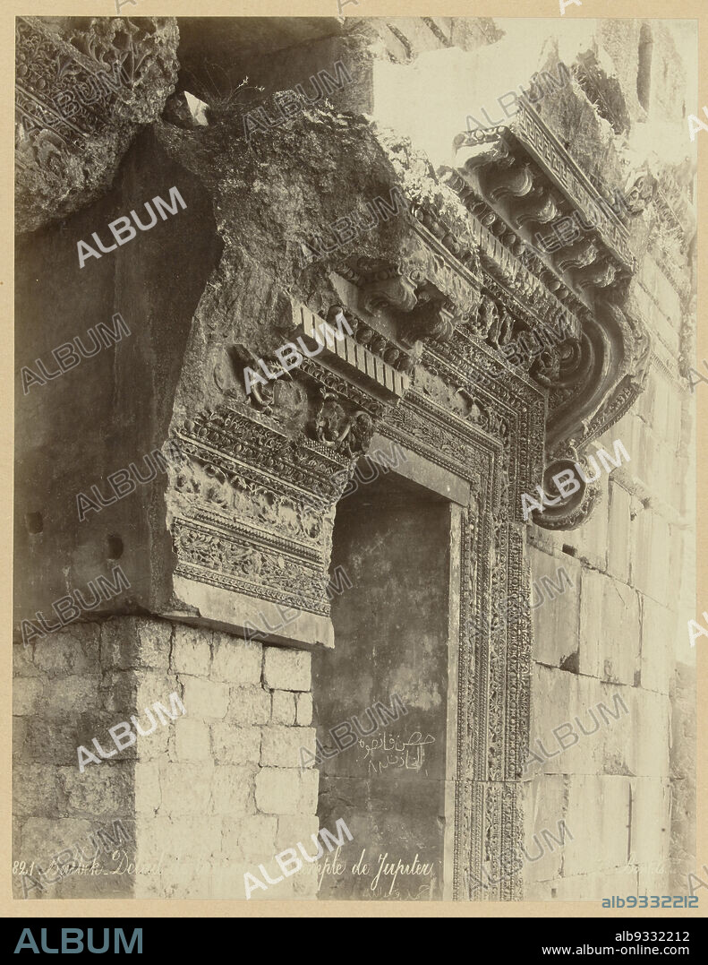 The entrance gate of the temple of Jupiter at Baalbek, S 76. Temple of Jupiter (Door). Baalbec. Syria. (title on object), Syria (series title)821. Balbek. Detail de la porte du temple de Jupiter. (title on object), The entrance gate to the temple of Jupiter at Baalbek. The photograph is part of the series of photographs of Syria collected by Richard Polak., anonymous, Libanon, c. 1867 - c. 1876, photographic support, paper, albumen print, height 278 mm × width 220 mmheight 556 mm × width 467 mm.