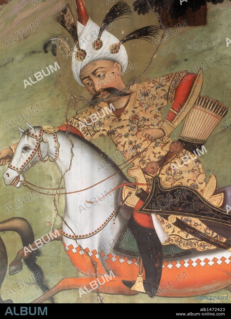 Abbas I the Great (1571-1629). Shah of the Safavid dynasty. He fought against the Ottomans and conquered part of their territory. In this period we tried to create an anti-Turkish alliance with Persia. XVII-century mural painting. Sutun Chihil Palace. Isfahan. Iran.