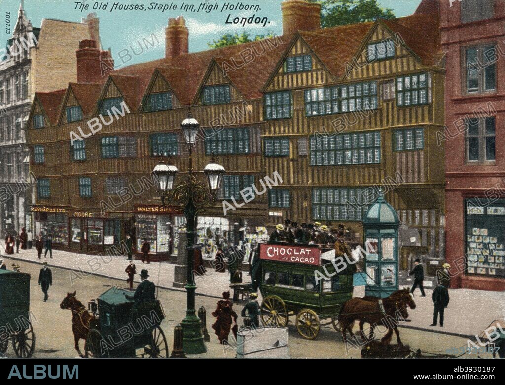 'The Old Houses, Staple Inn, High Holborn, London', 1905. Staple Inn is a Tudor building in the City of London, it is used as the London venue for meetings of the Institute and Faculty of Actuaries. Staple Inn dates from 1585. The building was once the wool staple, where wool was weighed and taxed. It survived the Great Fire of London, but was extensively damaged by a Nazi German Luftwaffe aerial bomb in 1944 and subsequently restored. [Hartmann, London, c1905].