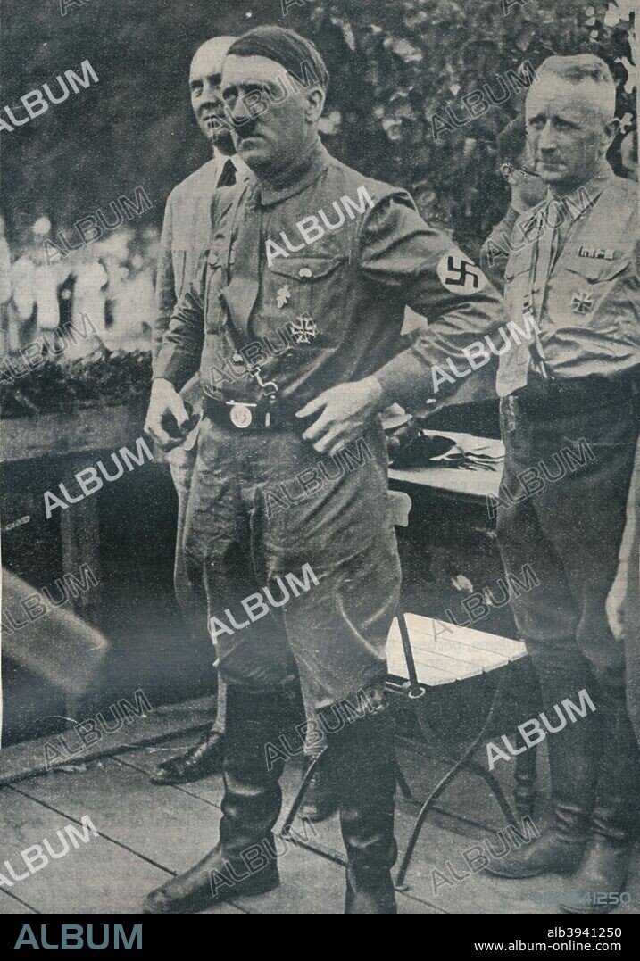 'Portrait of Adolf Hitler', c1934. Adolf Hitler, Chancellor of the German Republic, c1933. Adolf Hitler (1889-1945) became leader of the National Socialist German Workers (Nazi) party in 1921. After an unsuccessful coup attempt in Munich in 1923, for which he was briefly imprisoned, Hitler set about pursuing power by democratic means. His nationalistic and anti-semitic message quickly gained support in a Germany humiliated by defeat in World War I and the harsh terms of the Treaty of Versailles and, from the late 1920s, suffering from economic collapse. Hitler came to power in 1933, and persuaded the Reichstag (parliament) to grant him dictatorial powers. He proceeded to crush opposition both within his own party and throughout German society, and set about re-arming Germany. Hitler's aggressive policy of territorial expansion to secure 'lebensraum' (living space) for the German people eventually plunged the world into the Second World War. From The Treasury of Knowledge. [Richard Clay & Sons, Ltd., Bungay, Suffolk, 1934].