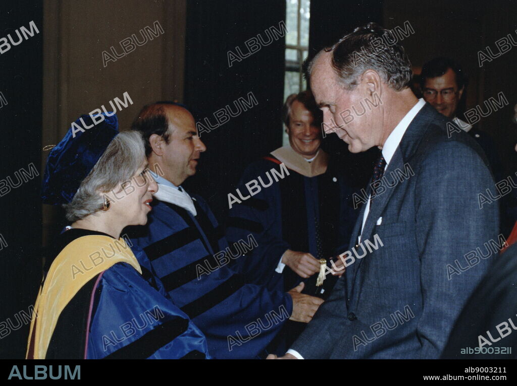 Maxine Singer being awarded the National Medal of Science by President George H. W. Bush in 1991. Maxine Singer (b. 1931) leading molecular biologist and science advocate. She has made important contributions to the deciphering of the genetic code and to our understanding of RNA and DNA.