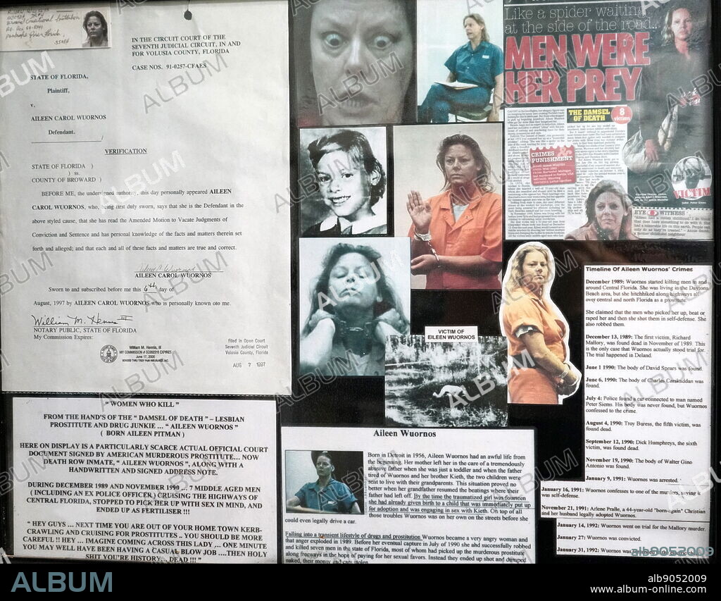 A montage of photographs and newspaper headlines on Aileen Wuornos. Aileen Carol Wuornos Pralle 1956-2002) an American serial killer who murdered seven men between 1989 and 1990.