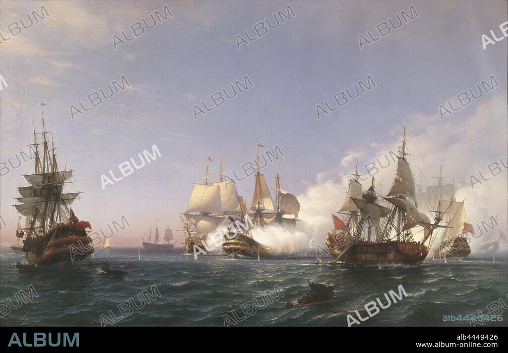 Albert Berg, The 'Öland' Fighting with English Men-of-War in 1704, Ship Öland in violation of English warship in 1704, painting, 1870, oil on canvas, Height, 147 cm (57.8 inches), Width, 221 cm (87 inches), Signed, Albert Berg 1870.