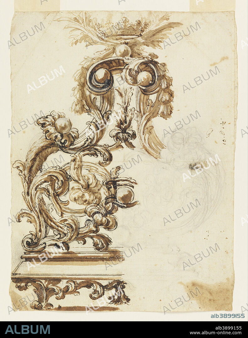 GIOVANNI BATTISTA FOGGINI. Design for a Gilt Bronze Ornament. Date/Period: 1680-1700. Drawing. Pen and black and brown ink, brush and wash, white gouache, graphite on paper.