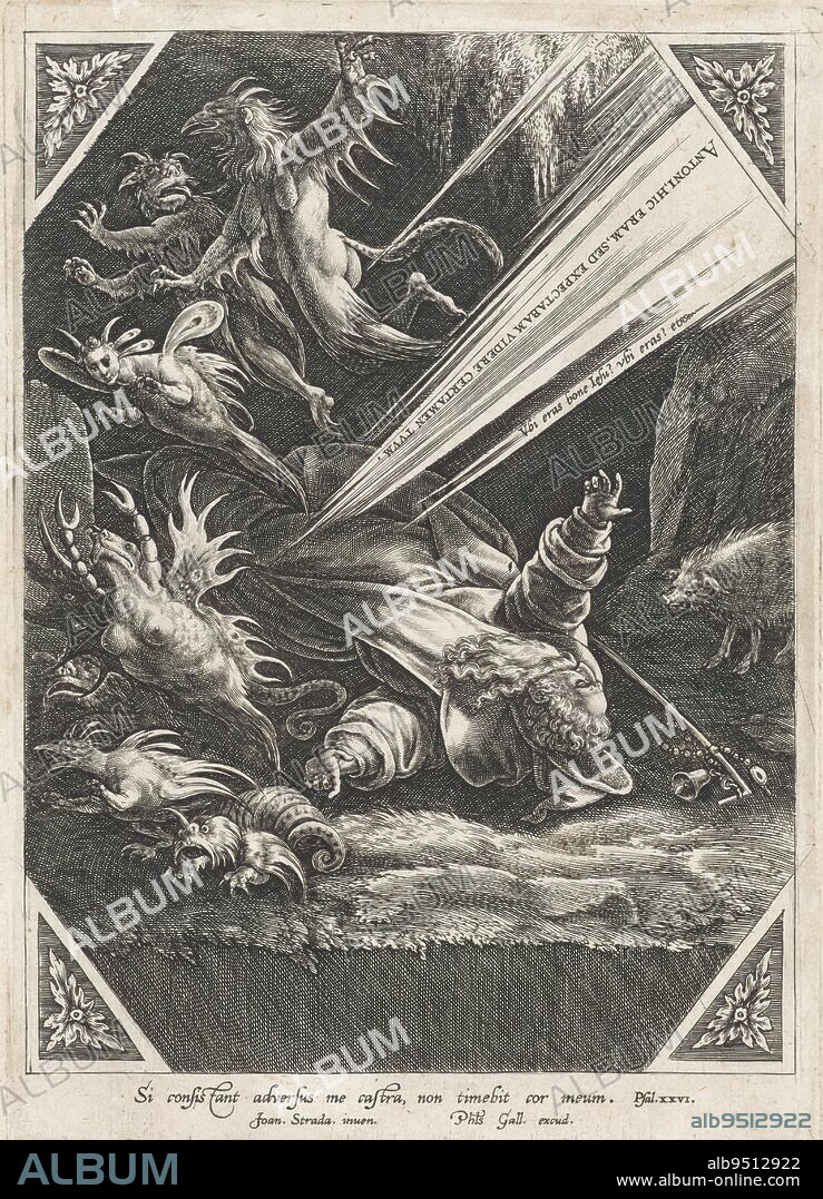 Temptation of Saint Anthony, Saint Anthony lies on his back on the ground in front of a cave. Above his head, demonic creatures fly. A llight beam from Antony to heaven has the text: Ubi eras bone Jesu? Ubi eras ? Etc....A second beam of light from the sky to the body of the saint has the text: Antoni, hic eram, sed expectabam videre certamen tuum. On the ground are staff and bell. On the right, the boar., print maker: anonymous, after drawing by: Jan van der Straet, publisher: Philips Galle, Netherlands, 1500 - 1599, paper, engraving, height 205 mm × width 142 mm.