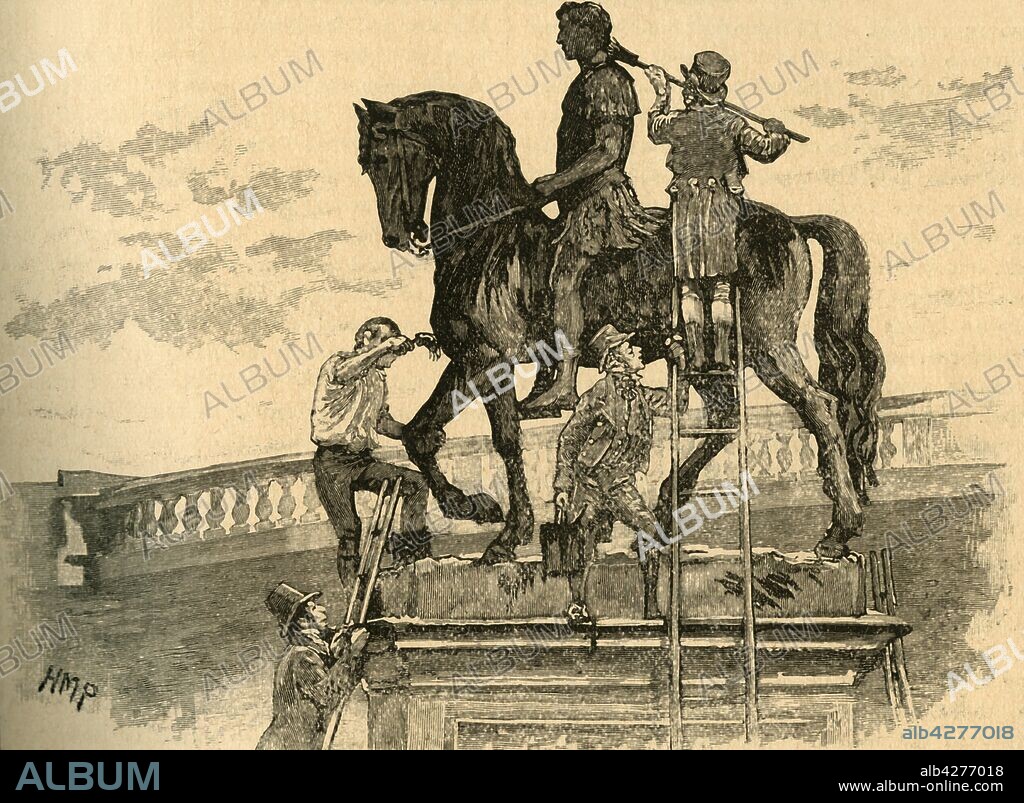 Opponents of British rule in Ireland painting the statue of King William III black, Dublin, Ireland, 1821 (c1890). From "Cassell's History of England - Special Edition, Vol. V." [Cassell and Company, Limited, London, Paris, New York & Melbourne, c1890].