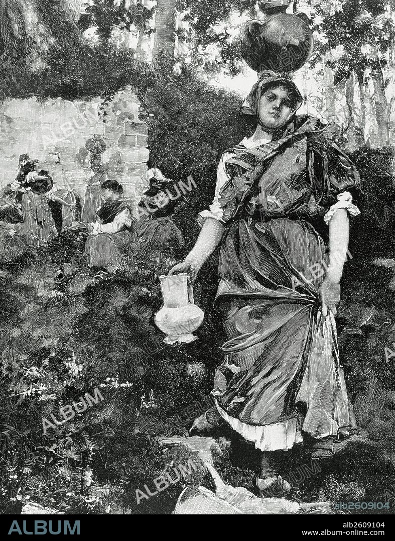 Spain. Asturias. San Esteban de Pravia. Woman with traditional costume next to the source of Castaneu. Engraving. 19th century.