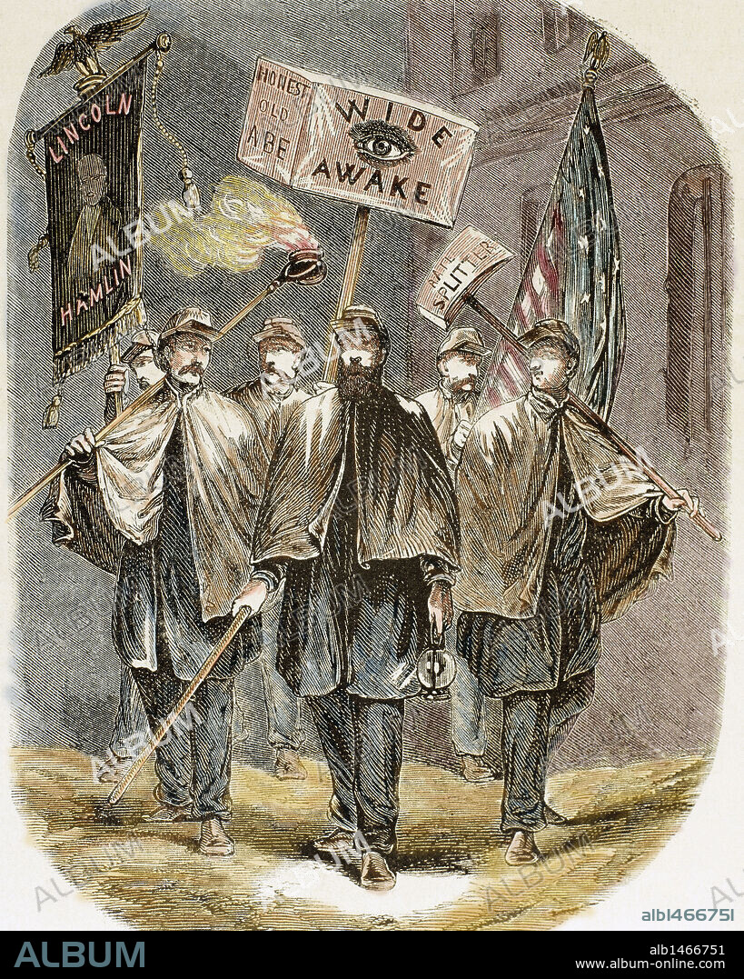 HISTORIA DE LOS ESTADOS UNIDOS. SIGLO XIX. AGENTES ELECTORALES DE LOS PARTIDOS DE ESTADOS UNIDOS. "SEGUIDORES DEL POLITICO ABRAHAM LINCOLN, CANDIDATO DEL PARTIDO REPUBLICANO". Grabado coloreado de "L'Illustration Journal Universel" (año 1860) .