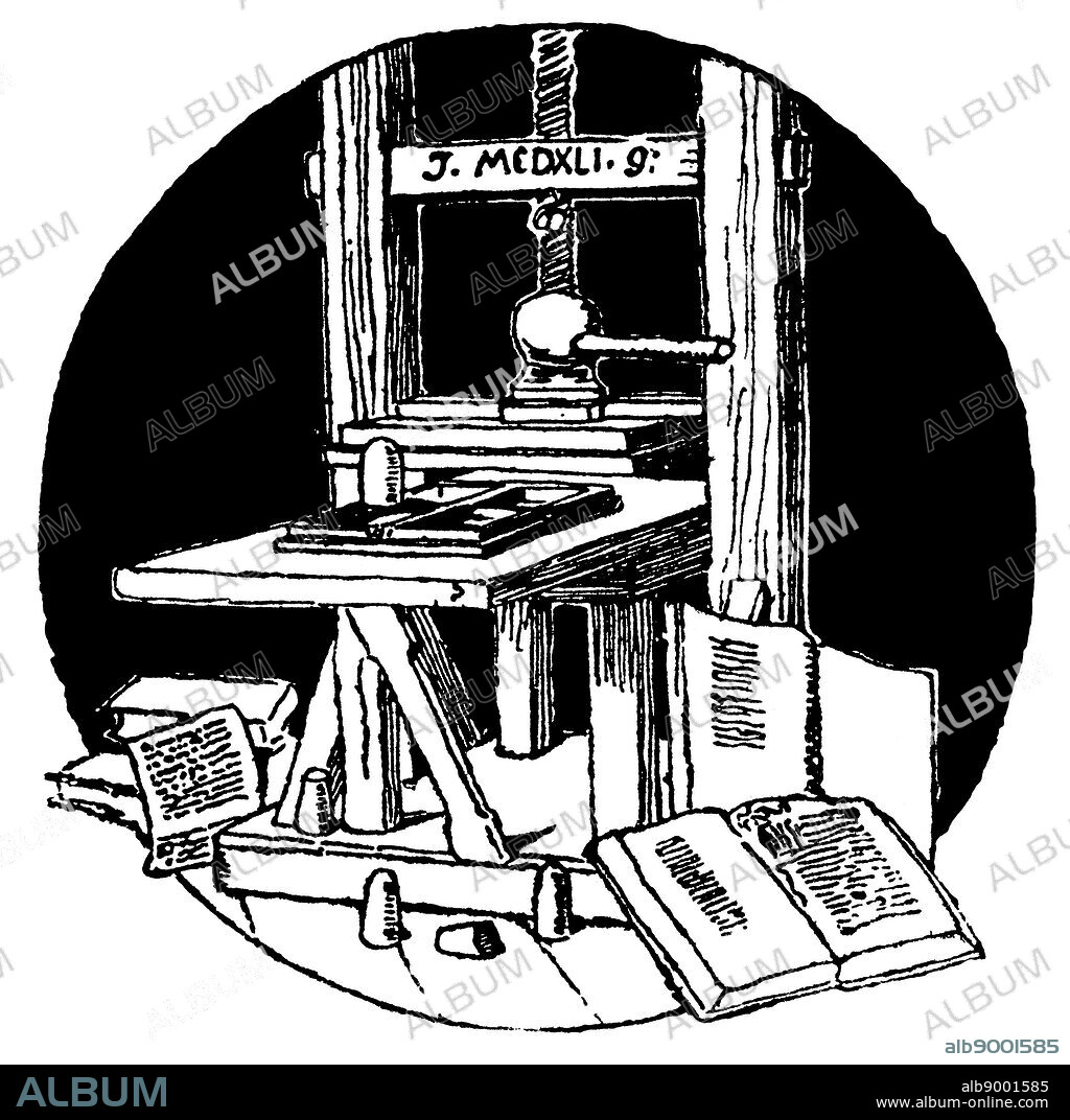 Prensa de imprenta moderna con tipos móviles inventada por el orebre alemán Johannes Gutenberg (1400-1468), construída en Estrasburgo en 1441. Grabado de 1900.