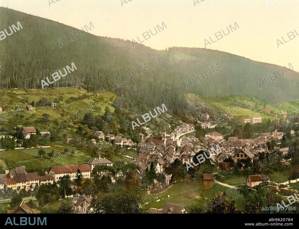 Bad Wildbad im Black Forest is a spa town in the district of Calw in Baden-Württemberg; Germany; Historic; digitally restored reproduction of a photochrome print from the 1890s; Europe.