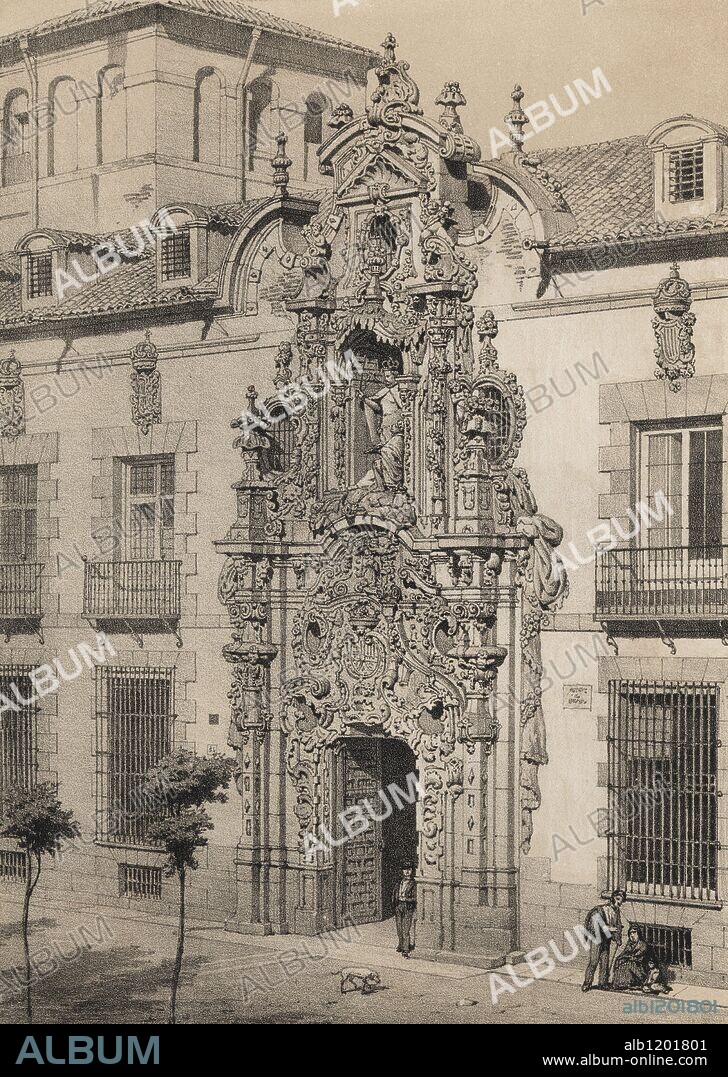 Portada del Real Hospicio del Ave María y San Fernando, obra de Pedro de Ribera entre 1721 y 1726; destaca su fachada barroca churrigueresca. Grabado de 1870.