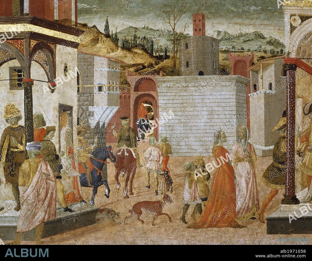 Medieval city, ca 1450, detail from a Chest painting. Italy, 15th century.