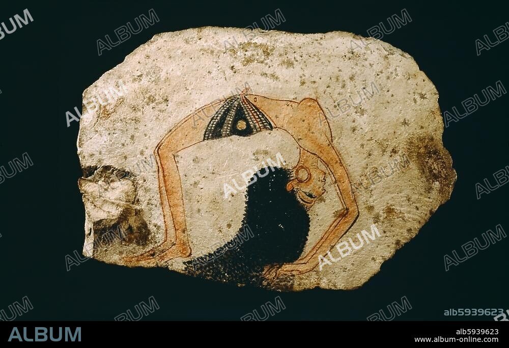 Egyptian, New Kingdom, 19th dynasty, c. 1300 BC. Ostracon with depiction of an acrobat dancer. Limestone, painted. Height 10.5cm, width 16.8cm. Origin: Thebes (Dayr al-Madinah). Collezione Dovretti, Inv. no. 7052. Turin, Museo Egizio.