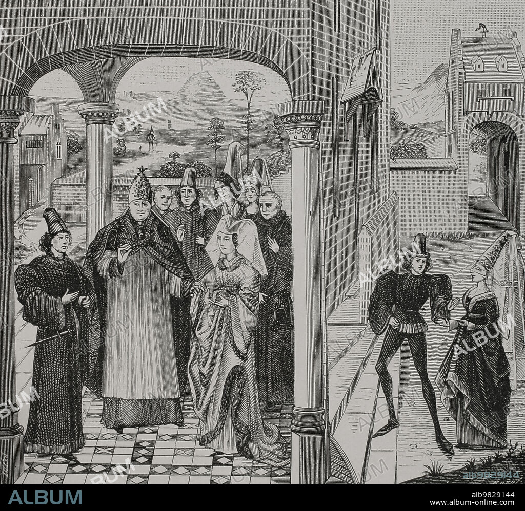 HUYOT (19TH CENTURY).. Tratado de Arras. Concluido en octubre de 1191 por interposición de Guillaume de Champagne, Arzobispo de Reims; entre Balduino V, conde de Hainaut, y Matilde de Portugal (1151-1218), viuda de Felipe de Alsacia, conde de Flandes. Acordaron la herencia del condado de Flandes. Grabado por Huyot a partir de una miniatura en "Chroniques de Hainaut", 1446-1448. "Vie Militaire et Religieuse au Moyen Age et à l'Epoque de la Renaissance". París, 1877.