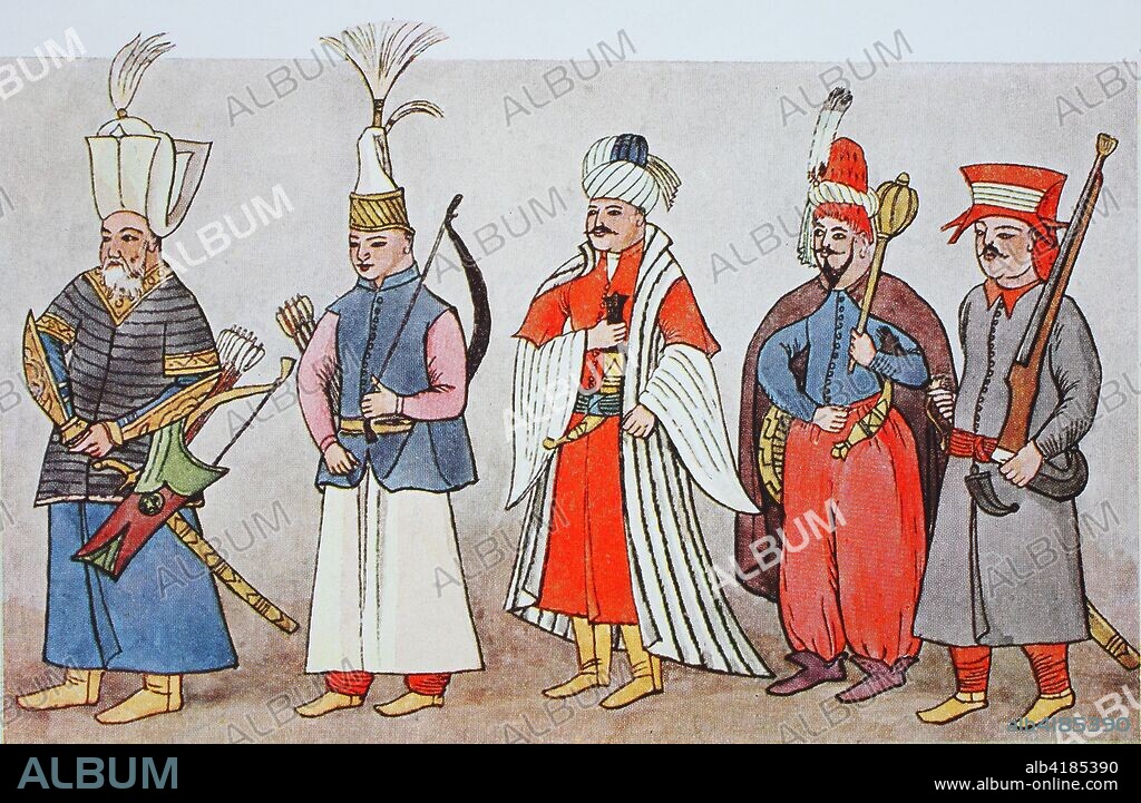 Fashion, clothing in Turkey in the 17th century, costumes at the court of the sultan, officers and soldiers, from left, high officer of the archers, archer of the janissaries, officer of the Spahi, cavalry, an officer of Egyptian-Ottoman troops, a janissary from the barbary, digital improved reproduction from an original from the year 1900.