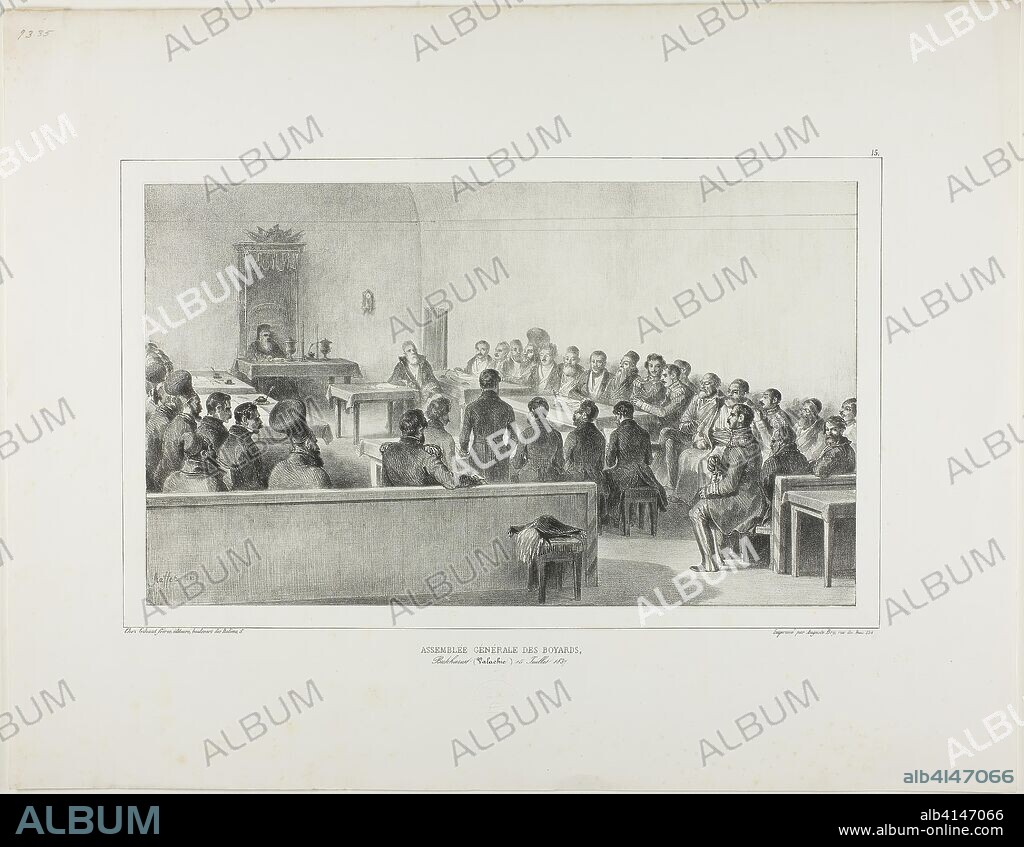 General Assembly of the Boyards, Bucharest, Wallachia, July 15, 1837. Denis Auguste Marie Raffet (French, 1804-1860); printed by Auguste Bry (French, 19th century); published by Chez Gihaut Frères (French, 19th century); published by Éditeur Ernest Bourdin (French, active 19th century). Date: 1839. Dimensions: 191 × 322 mm (image); 192 × 323 mm (primary support); 354 × 458 mm (secondary support). Lithograph in black on ivory chine laid down on ivory wove paper. Origin: France.
