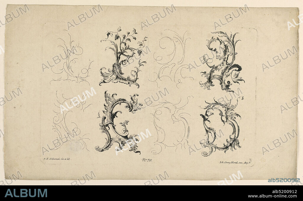 Rocaille Motif, from Set No. 76, Franz Xaver Habermann, German, b. Poland, 17211796, Johann Georg Hertel, German, ca. 17001776, Etching on paper, Plate 3. Four motifs and their schemes, disposed in two rows., Augsburg, Germany, 1750-1770, Print, Print.