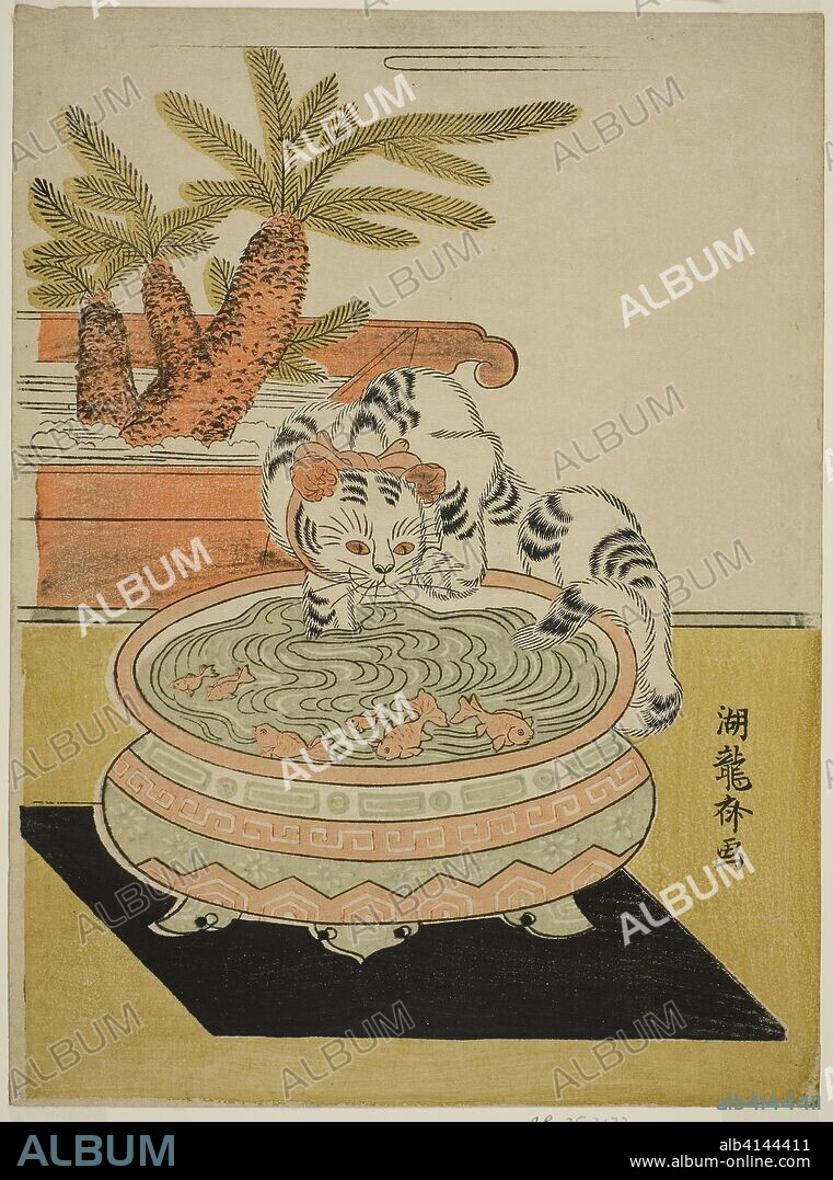 Cat Pawing at Goldfish. Isoda Koryusai; Japanese, 1735-1790. Date: 1770-1774. Dimensions: 19.7 cm x 26.6 cm (10 1/2 x 7 3/4 in.). Color woodblock print; chuban. Origin: Japan.