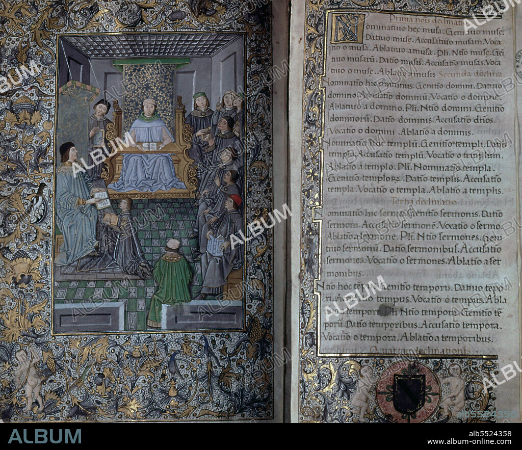 NEBRIJA , ANTONIO DE. ANTONIO MARTINEZ DE CALA. GRAMATICO Y HUMANISTA ESPAÑOL . LEBRIJA 1441 - 1522. " GRAMATICA LATINA " , AÑO 1492. BIBLIOTECA NACIONAL . MADRID. PAGINA MINIADA CON LA FIGURA DE NEBRIJA.