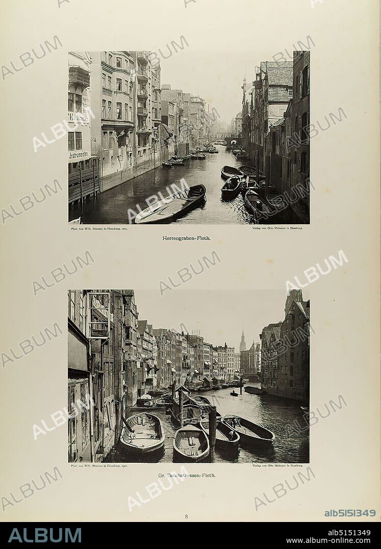 Wilhelm Dreesen, Otto Meissner, Herrengraben-Fleth and Grosses Deichstrassen-Fleet from the portfolio Neue malerische Bilder aus der Freien und Hansestadt Hamburg und ihrer Umgebung, Staatliche Landesbildstelle Hamburg, Collection on the history of photography, paper, collotype, Total: Height: 48,00 cm; Width: 35,00 cm, inscribed: recto u. Photographer, Publisher and title, travel photography, architectural photography, city, city view (vedute), canal.