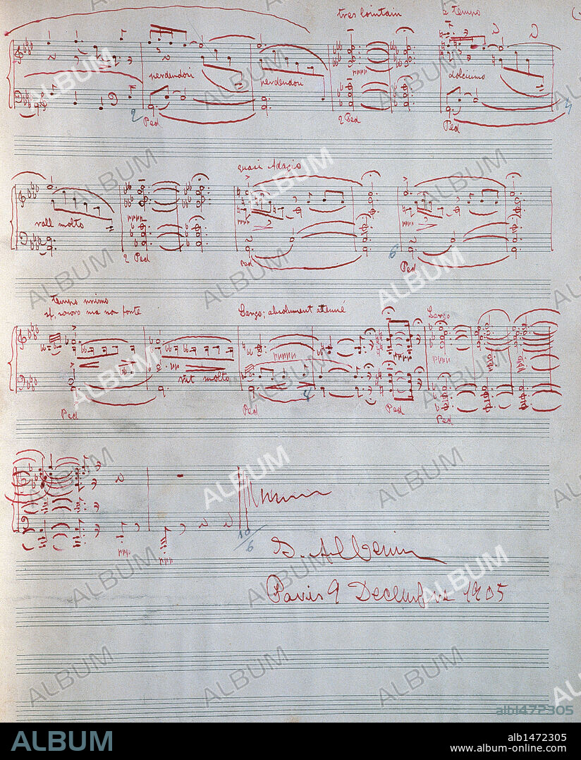 ALBENIZ, Isaac (Camprodón,1860-Cambo-les-Bains, 1909). Compositor y pianista español. "SUITE IBERIA". Cuaderno número 1 "Evocación". Final de la composición. Fechada en París el 9 de diciembre de 1905 con firma autógrafa del autor.