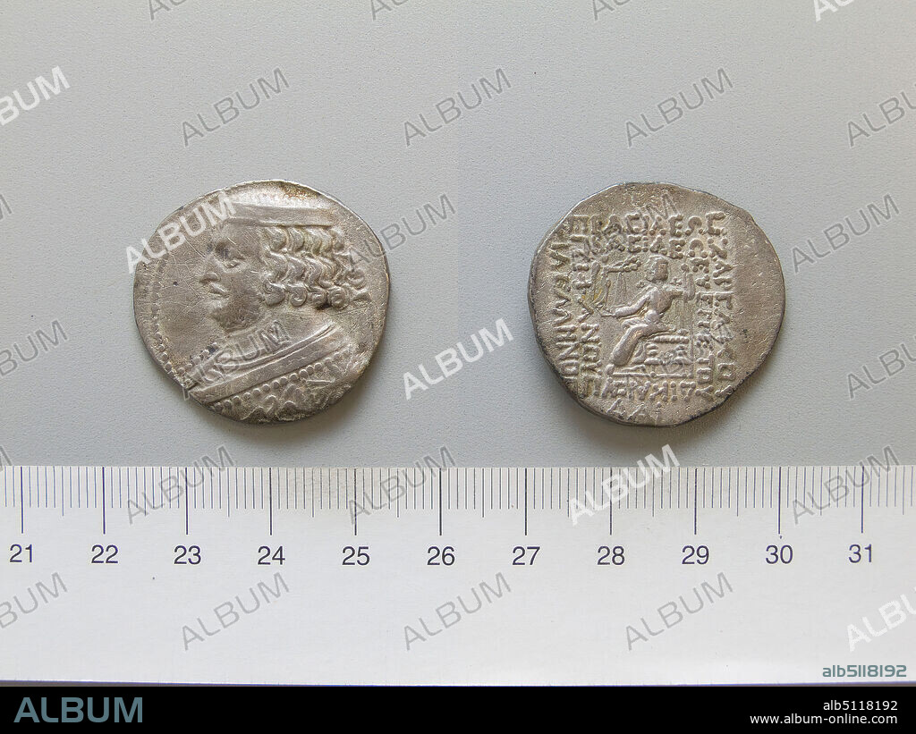 Ruler: Orodes II, King of Parthia 58/7-37 B.C.Mint: Parthia, Tetradrachm of Orodes II, King of Parthia from Parthia, 4140 B.C., Silver, 11.49 g, 12:00, 30.4 mm, Made in Parthia, Parthian, 1st century B.C., Numismatics.