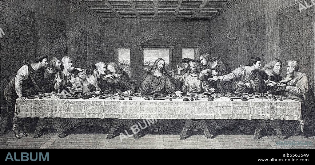 The Last Supper by Leonardo da Vinci from the late 15th century, located in the refectory of the monastery of Santa Maria delle Grazie in Milan, digitally restored reproduction of an original 19th-century artwork