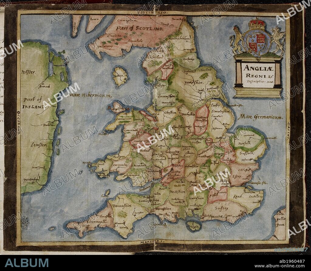 Map of Anglia Regni (England, Wales and a coast of Ireland). The Particular Description of England. 1588. Source: Sloane 2596 between ff.5v-6. Language: Latin.