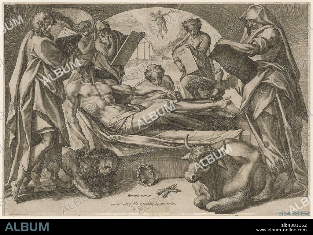 The Corpse of Christ and the Four Evangelists, 1583, copperplate, sheet: 31 x 44.7 cm, U. M. inscribed and dated: ABloclandt [AB lig.] Inuentor., Henricus Goltzius sculp,, Hendrick Goltzius, Stecher, Verleger, Mühlbrecht 1558–1617 Haarlem, Anthonie Blocklandt, Inventor, Montfoort 1533/34-1583 Utrecht.