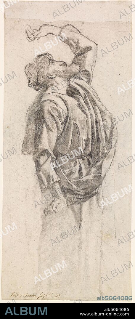 The Ascension, Study for an Apostle, 1844 [Verso, Back: The Spirit of Justice: Body of a seated Figure in ecclesiastical Robes holding a Staff and Book] Ford Madox Brown, Recto: Three-quarter length standing male figure, looking up and in profile to the right., Right arm by side, left arm raised above his head shielding his eyes., Dressed in a robe with a beard. [Verso: body of seated figure in ecclesiastical robes holding a staff and a book in right hand., Left arm held towards face but neither hand nor face drawn in. Space marked off bottom right.], Art Movement, Pre-Raphaelite, Drawing, Pencil, Chalk, Sketch, Male, Bearded, Study, Robe.
