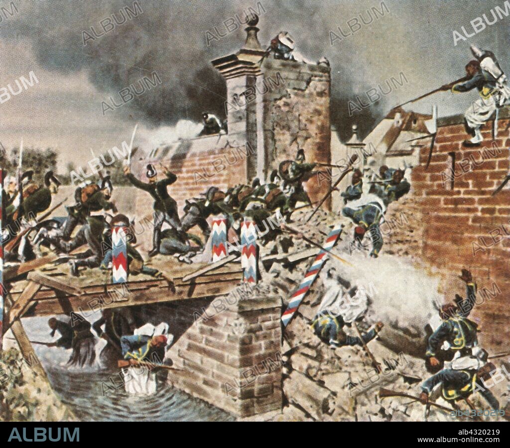 Storming of the Landau Gate at Weissenburg, 4 August 1870, (1936).  'Erstürmung Des Landauer Tores Zu Weissenburg, 4 August 1870'. The Battle of Wissembourg (or Weissenburg), the first of the Franco-Prussian War: three German army corps surprised the small French garrison at Wissembourg, which has at different periods in history been part of both France and German. From "Bilder Deutscher Geschichte", (Pictures of German History), No.12, cigarette card album. [Cigaretten-Bilderdienst, Altona-Bahrenfeld, Hamburg, Germany, 1936].