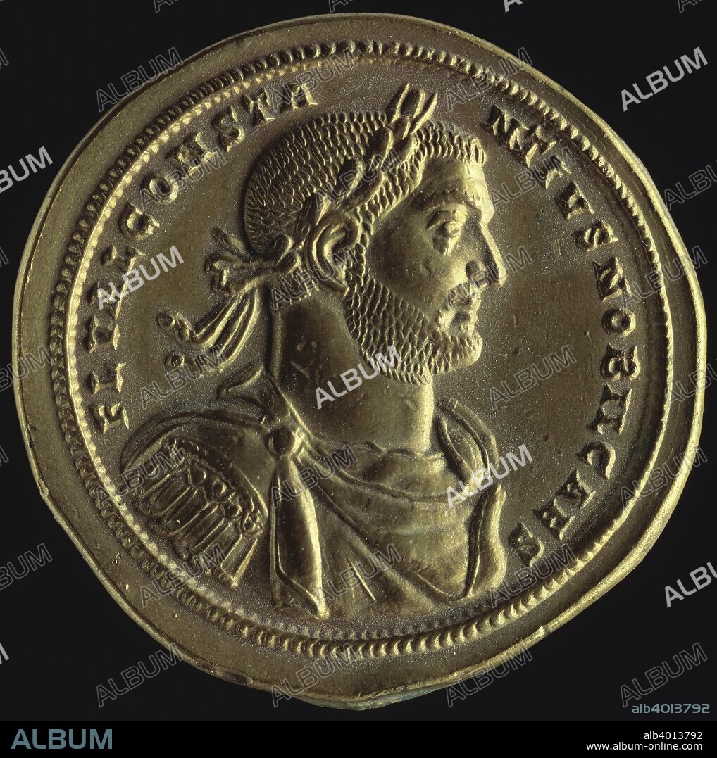 Gold medallion showing the Emperor Constantius Chlorus, Roman, (c296 AD?). A kneeling woman, probably an allegorical figure representing London, raises her arms to the Roman emperor who rides a horse and wears a laurel wreath. The inscription states that 'London welcomes Constantius Chlorus, who rescued the city from being plundered AD 296'.