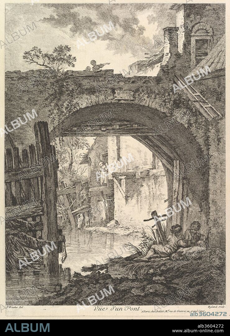 View From a Bridge. Artist: After François Boucher (French, Paris 1703-1770 Paris); William Wynne Ryland (British, baptized London 1732-1783 London). Dimensions: sheet: 13 1/4 x 9 7/16 in. (33.6 x 23.9 cm).