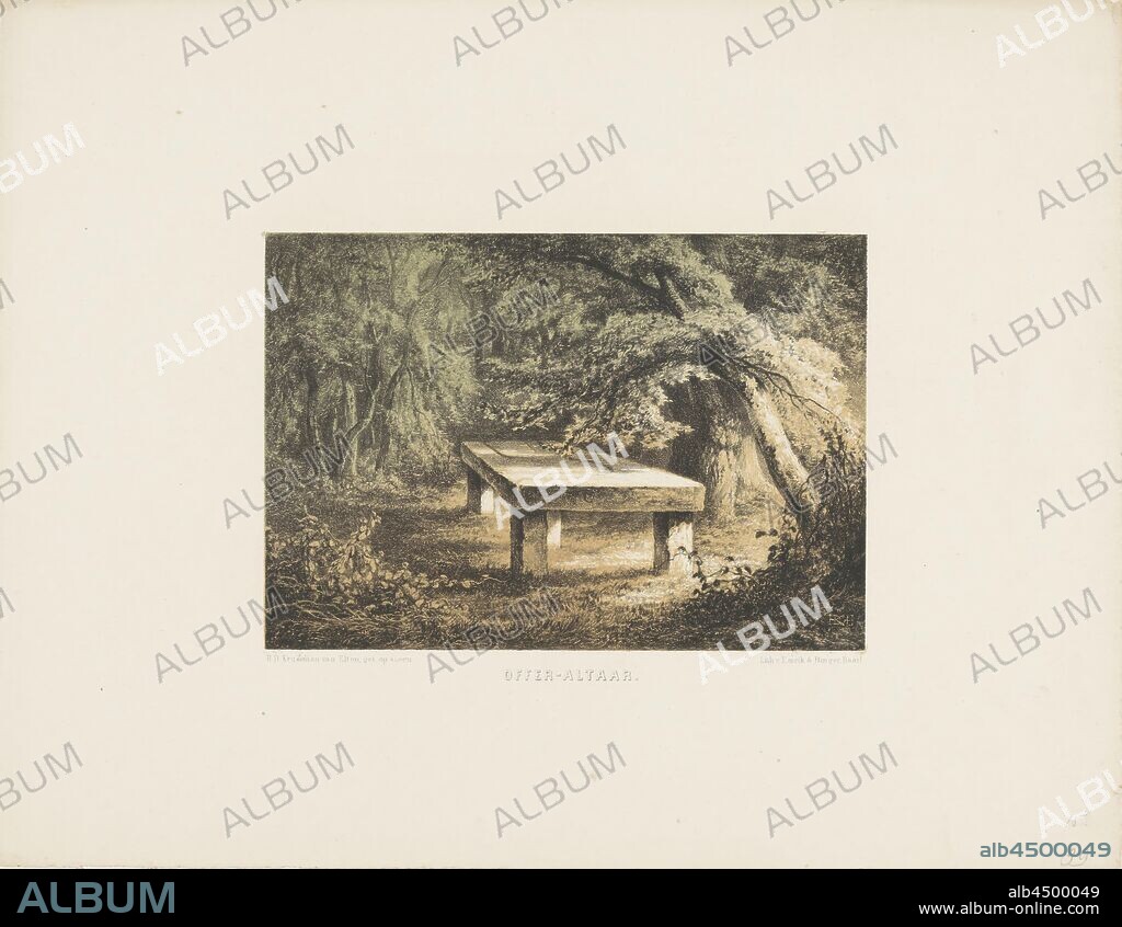 Germanic Sacrificial Altar Sacrificial Altar (title on object), Germanic Stone Sacrificial Altar or Sacrifice Table in the Woods, Sacrifice, Germanic and Scandinavian religions, Netherlands, Hendrik Dirk Kruseman van Elten, Haarlem, 1857 - 1864, paper, h 292 mm × w 375 mm.