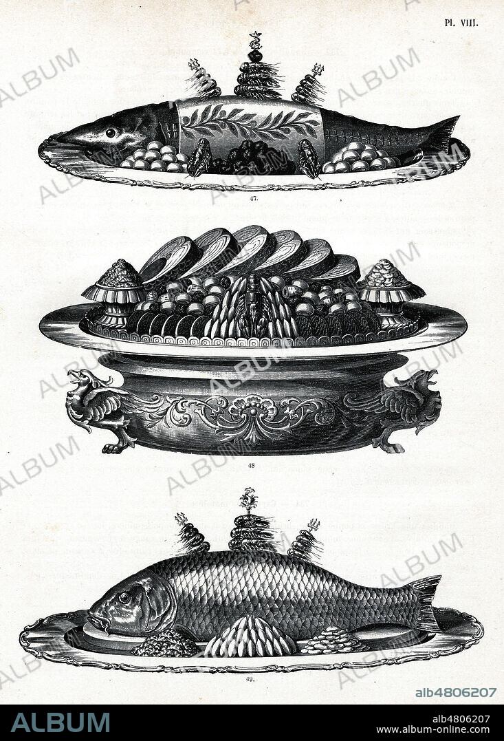 Releves de poissons (par ordre) : Petit esturgeon a l'italienne, Matelote a la parisienne, Carpe au court-bouillon. Illustration anonyme pour l'edition de 1886 de la Cuisine classique de Urbain DUBOIS et Emile BERNARD. Credit : Collection Kharbine-Tapabor.
