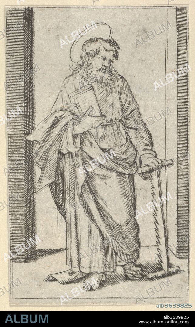 Saint Simon, a saw in his lowered left hand, from the series 'Piccoli Santi' (Small Saints). Artist: Marcantonio Raimondi (Italian, Argini (?) ca. 1480-before 1534 Bologna (?)); After Raphael (Raffaello Sanzio or Santi) (Italian, Urbino 1483-1520 Rome). Dimensions: 3 1/4 x 1 15/16 in.  (8.2 x 5.0 cm). Date: ca. 1500-1527.