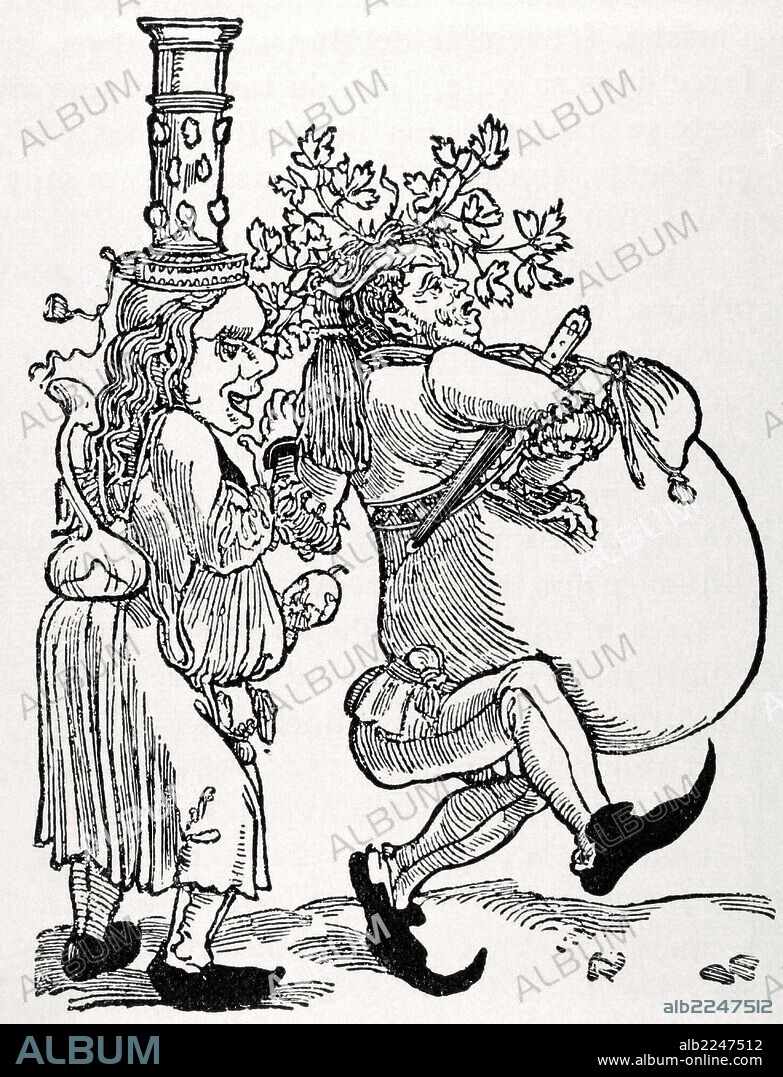 LUTERO, Martin Luther, llamado (1483-1546). Reformador alemán. Doctor en Teología y sacerdote agustino. En 1517 expuso las tesis principales del luteranismo en Wittenberg. Fue excomulgado en 1520. CARICATURA CONTEMPORANEA DE MARTIN LUTERO Y SU MUJER, CATALINA BORA. Grabado de "La Historia de Francia", 1881.